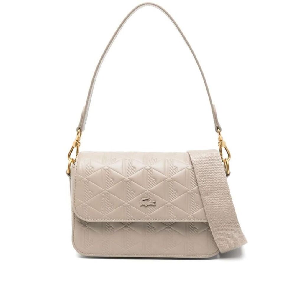 LACOSTE Monogram Embossed Flap Shoulder Bag Women Beige Handbags